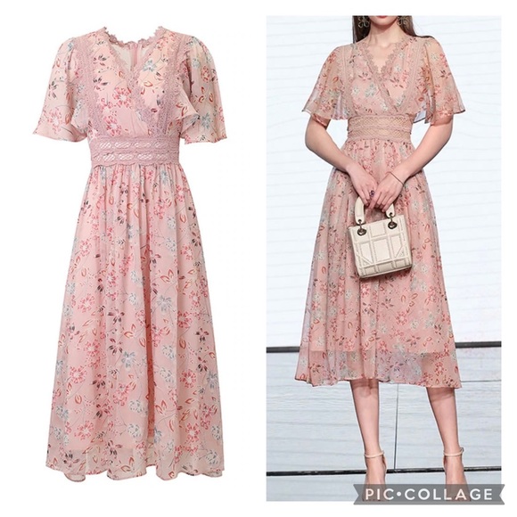 Lai Meng Five Cats Dresses & Skirts - ✨SOLD✨ Lai Meng Five Cats Midi chiffon Dress Pink Flower Floral Elegant V neck